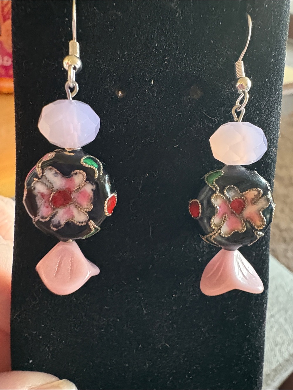 Hand Crafted Black Cloisonné Earrings with Pink Accents